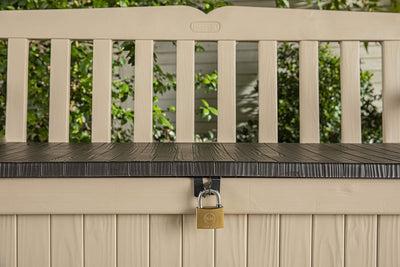 Keter Eden Bench 265L Outdoor 60% recycled Garden Furniture Storage Box Beige & Brown Wood Panel Effect